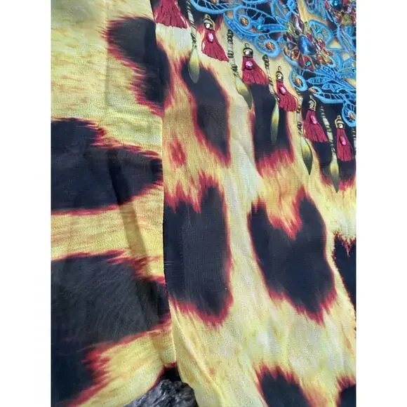 Boho Maxi Kimono Kaftan Women Leopard Butterfly Print Sheer Beaded Cover Up L/XL - Picture 14 of 16